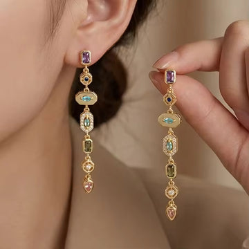 Stainless Steel Colorful Rhinestone Tassel Earrings