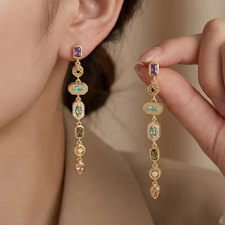Stainless Steel Colorful Rhinestone Tassel Earrings