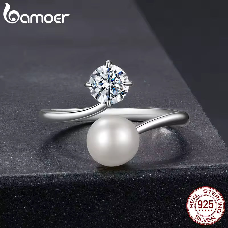 0.5CT Freshwater Pearl & Moissanite Open Ring for Women